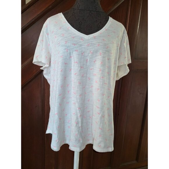 Gap White V-Neck Short Sleeve Flamingo Print T-Shirt XXL Easy Fit Casual Top - Picture 1 of 6